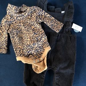 NWT leopard baby girl onesie + overalls